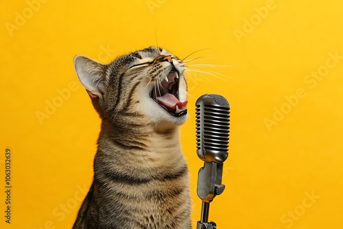 Funny tabby cat singing with a vintage microphone on a vibrant yellow background photo