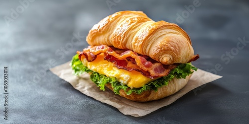 Breakfast croissant with eggs, bacon, and cheese in morning light