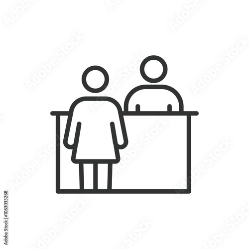 Registration table, icon in line design. Registration, table, sign-in, form, attendees, check-in, name-badge on white background vector. Registration table editable stroke icon