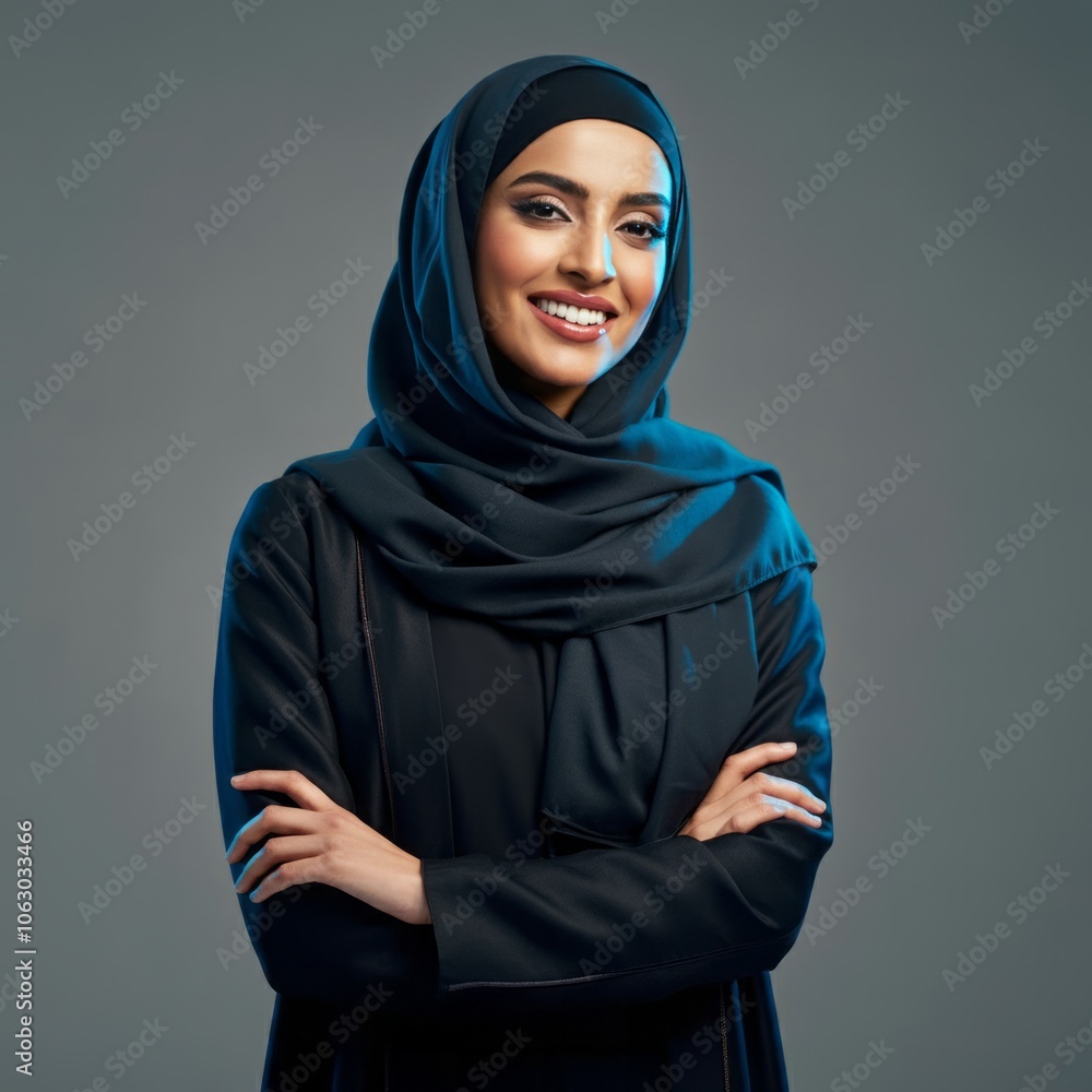 a close-up of a smiling Saudi Arabian Gulf woman wearing the hijab looking somewhere with gestures of self-confidence and joy, the concept of femininity and softness among Saudi women a close-up of a smiling Saudi Arabian Gulf woman wearing the hijab looking somewhere with gestures of self-confidence and joy, the concept of femininity and softness among Saudi women