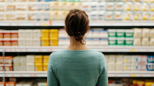 Close up shot of customer standing in the dairy section of a supermarket examining and comparing the prices of different milk cheese and yogurt products on the shelves