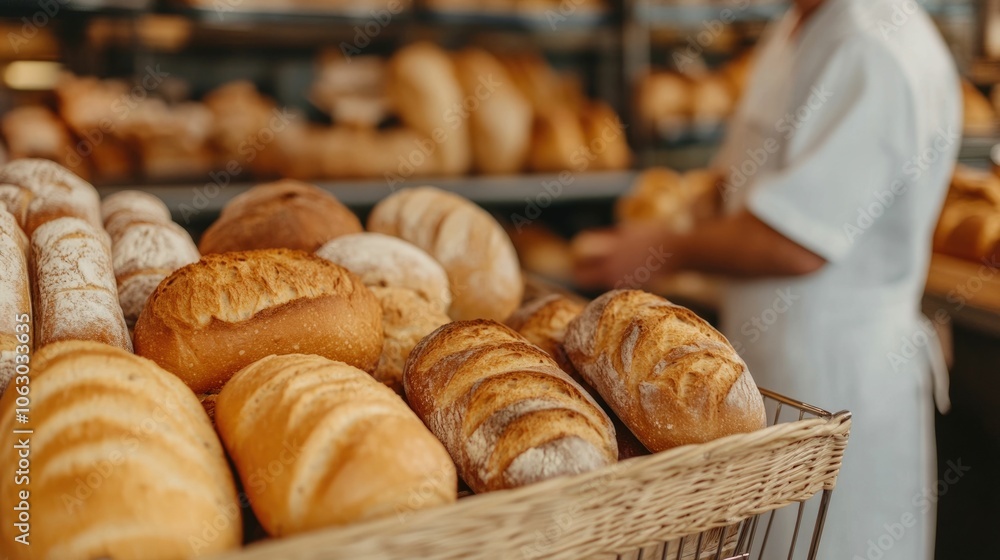 Shopper Placing Fresh Loaf of Bread into Grocery Cart Surrounded by Bakery Goods and Displays on Store Shelves Shopper Placing Fresh Loaf of Bread into Grocery Cart Surrounded by Bakery Goods and Displays on Store Shelves