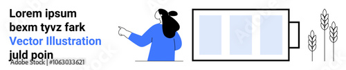 Woman in blue sweater pointing at text elements with large rectangular structure and wheat stalks. Ideal for presentations, educational materials, informational content, website banners