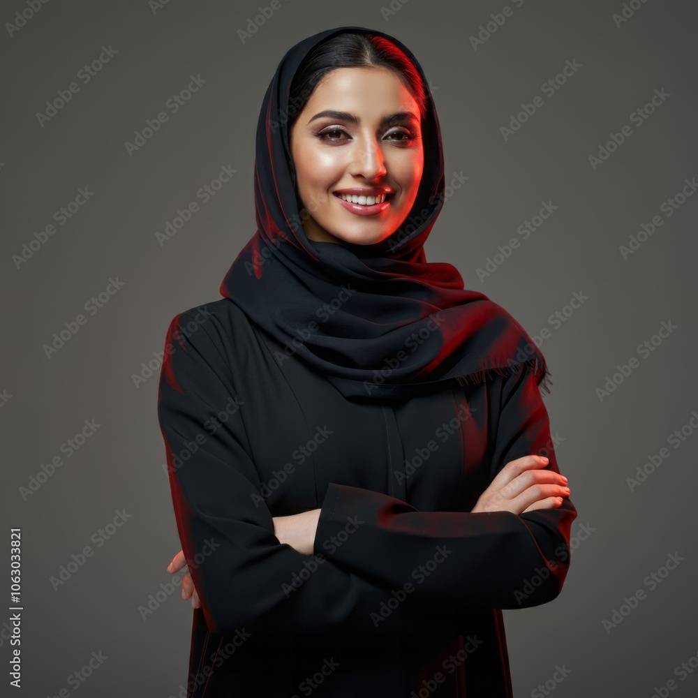 a close-up of a smiling Saudi Arabian Gulf woman wearing the hijab looking somewhere with gestures of self-confidence and joy, the concept of femininity and softness among Saudi women a close-up of a smiling Saudi Arabian Gulf woman wearing the hijab looking somewhere with gestures of self-confidence and joy, the concept of femininity and softness among Saudi women