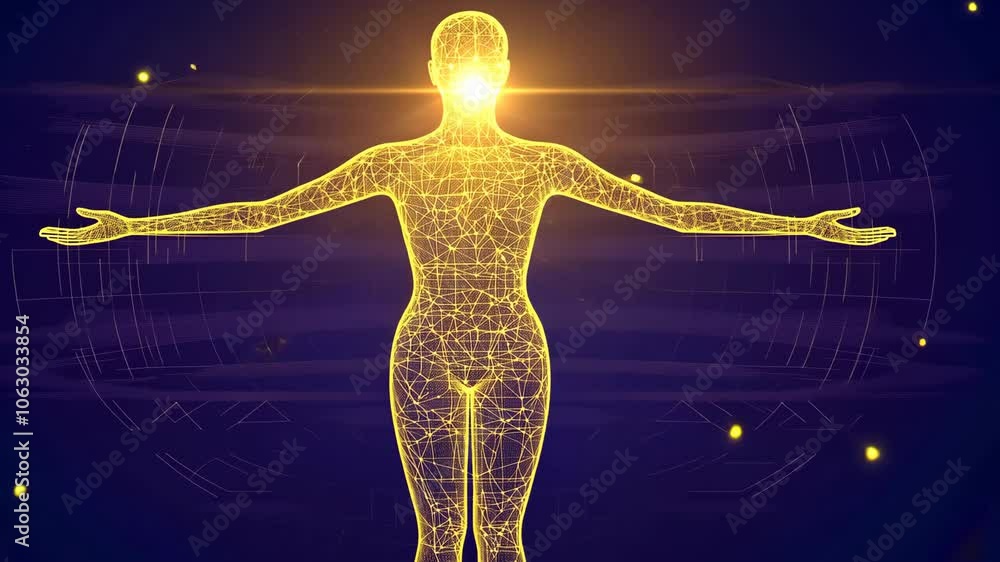 A glowing digital outline of a woman stands with arms outstretched, a bright light emanating from her chest A glowing digital outline of a woman stands with arms outstretched, a bright light emanating from her chest