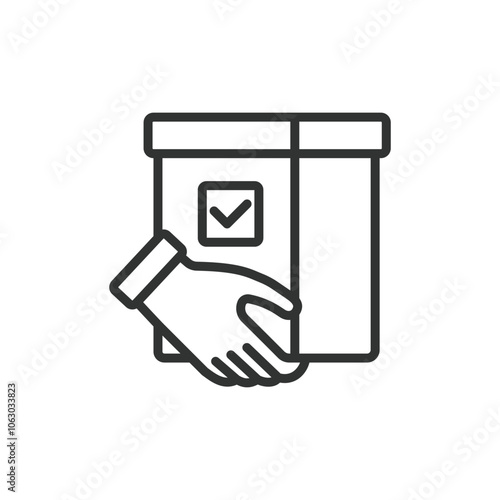 Voting urn with hand, icon in line design. Voting, urn, hand, ballot, cast, election, civic on white background vector. Voting urn with hand editable stroke icon