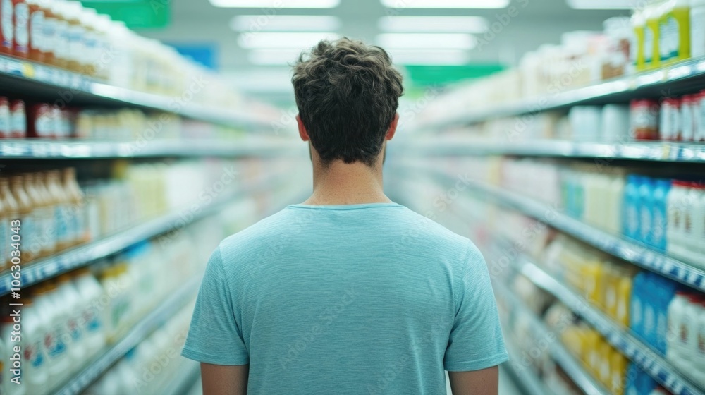 A consumer carefully choosing a carton of milk from the refrigerated section of a supermarket with a deep depth of field blurring the background shelves and products A consumer carefully choosing a carton of milk from the refrigerated section of a supermarket with a deep depth of field blurring the background shelves and products