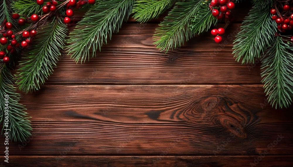 Christmas Holiday Evergreen Pine Branches and Red Berries Over Wood Background, Copy Space Christmas Holiday Evergreen Pine Branches and Red Berries Over Wood Background, Copy Space