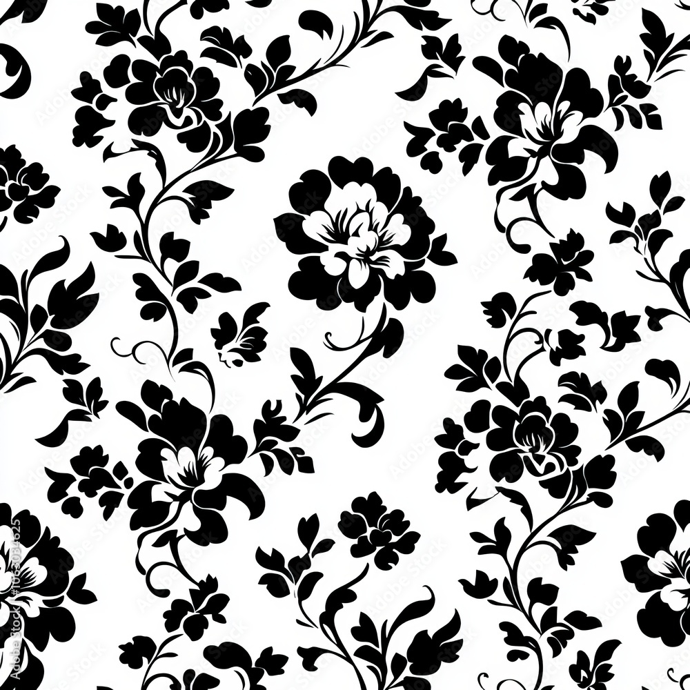 A black and white floral pattern featuring intricate flowers and vines. A black and white floral pattern featuring intricate flowers and vines.