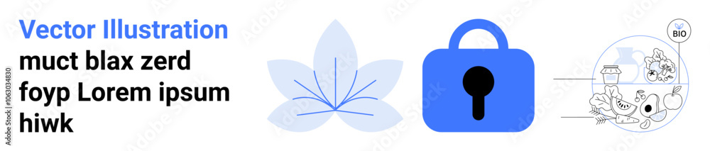 Blue lock icon with keyhole alongside abstract flower illustration and cartoon characters working with data. Ideal for cybersecurity, data protection, online privacy, tech solutions, digital safety Blue lock icon with keyhole alongside abstract flower illustration and cartoon characters working with data. Ideal for cybersecurity, data protection, online privacy, tech solutions, digital safety