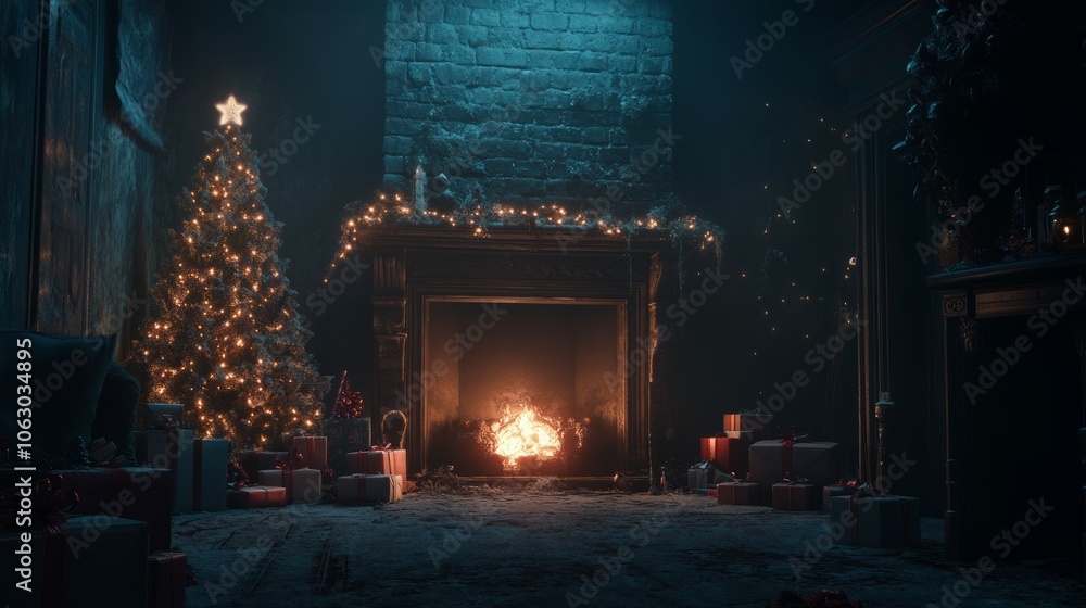 Christmas tree and decorations, gift packages and Christmas ornaments in the room. Christmas tree and decorations, gift packages and Christmas ornaments in the room.