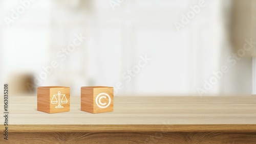 Copyright legal concept, wooden block with copyright and legal icon for author rights and patented intellectual property. copyleft trademark license, Copyright or patent. photo