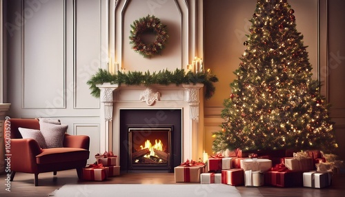 christmas interior with tree, presents and fireplace