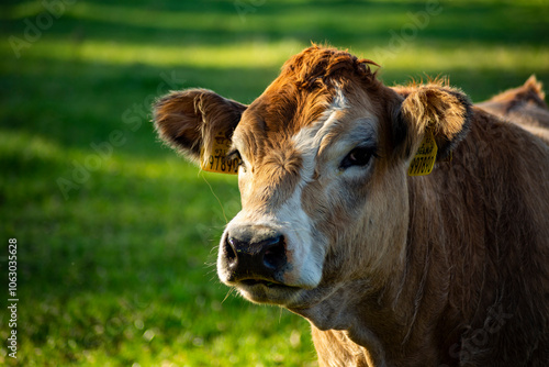 A close-up portrait of a cow grazing in a pasture.