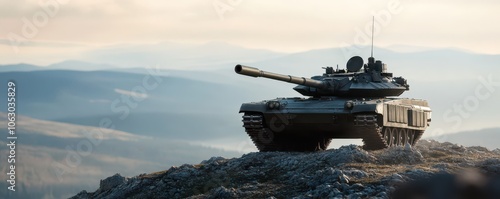 Military tank positioned on a rugged rocky hill, showcasing strength and resilience in a harsh landscape. photo