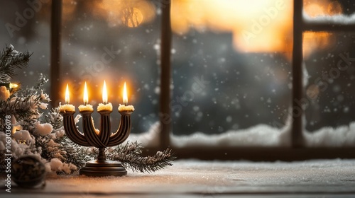 Cozy Winter Windowsill with Candles and Pine Branches