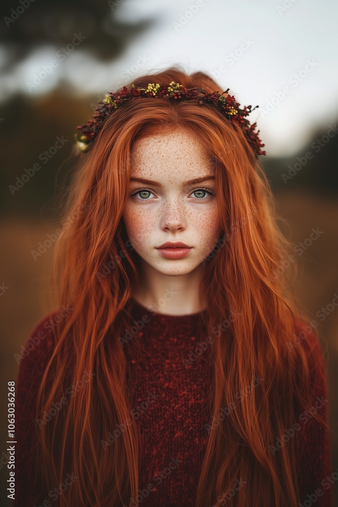 A young girl with long, vibrant red hair and a floral crown gazes softly at the camera in a natural outdoor setting during golden hour A young girl with long, vibrant red hair and a floral crown gazes softly at the camera in a natural outdoor setting during golden hour