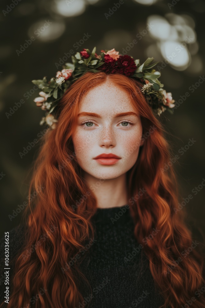 A young woman with long red hair wearing a floral crown stands elegantly in a natural setting during golden hour A young woman with long red hair wearing a floral crown stands elegantly in a natural setting during golden hour