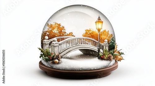 Winter Snow Globe with Bridge and Lamppost