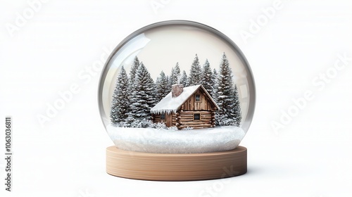 Snow Globe with Cabin and Pine Trees in Winter Wonderland