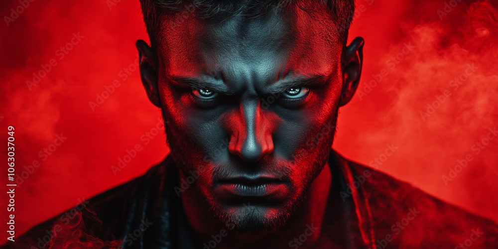 Intense Demonic Portrait of a Man Against Fiery Red Background Intense Demonic Portrait of a Man Against Fiery Red Background