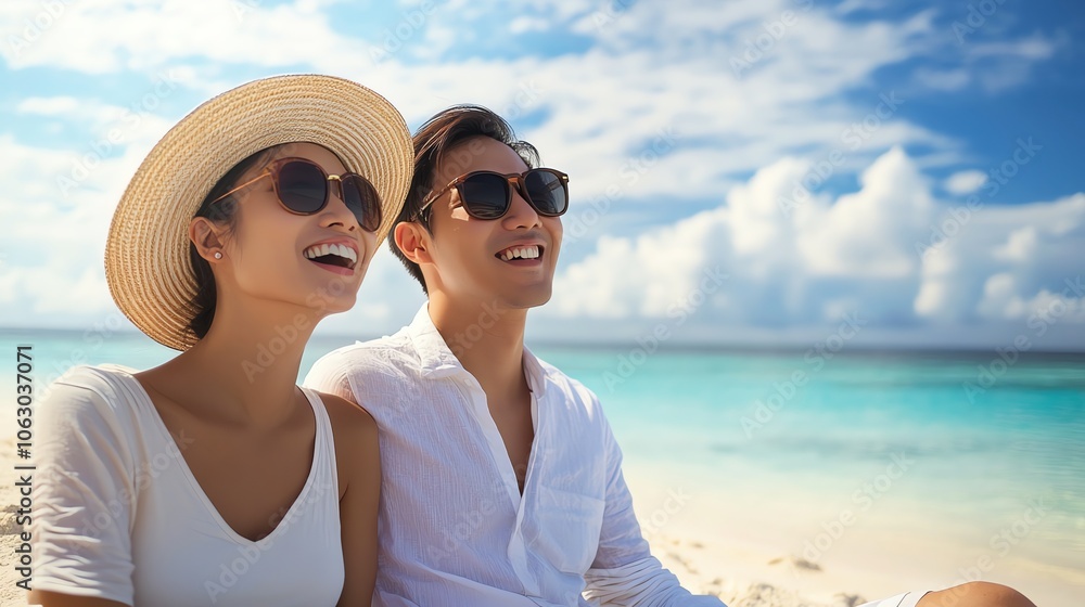A young couple smiles as they look at each other while enjoying a day on a tropical beach. A young couple smiles as they look at each other while enjoying a day on a tropical beach.