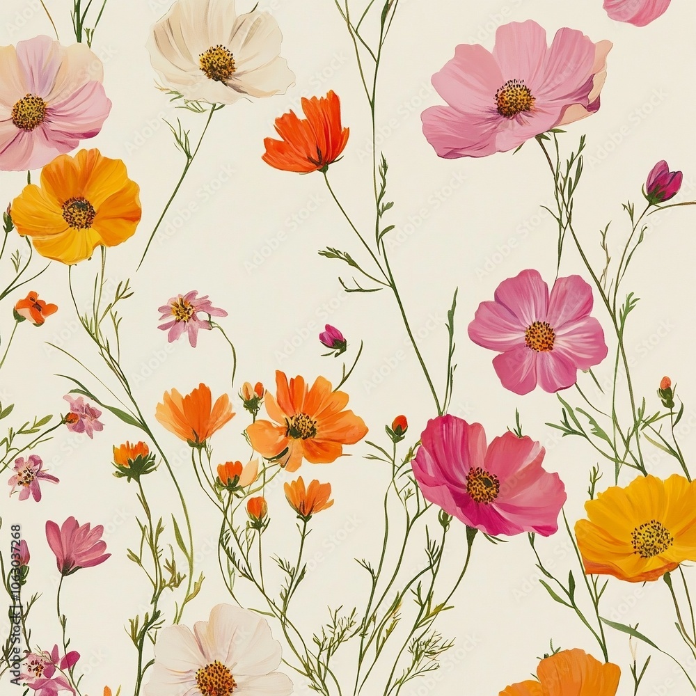 custom made wallpaper toronto digitalBrightly colored cosmos flowers on a plain background, displaying natural beauty and elegance in a timeless floral arrangement.