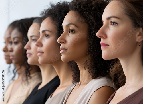 Five women of different ethnicities looking to the side.