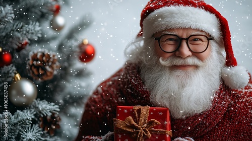 Santa Claus Christmas Gift Portrait with Snowfall photo