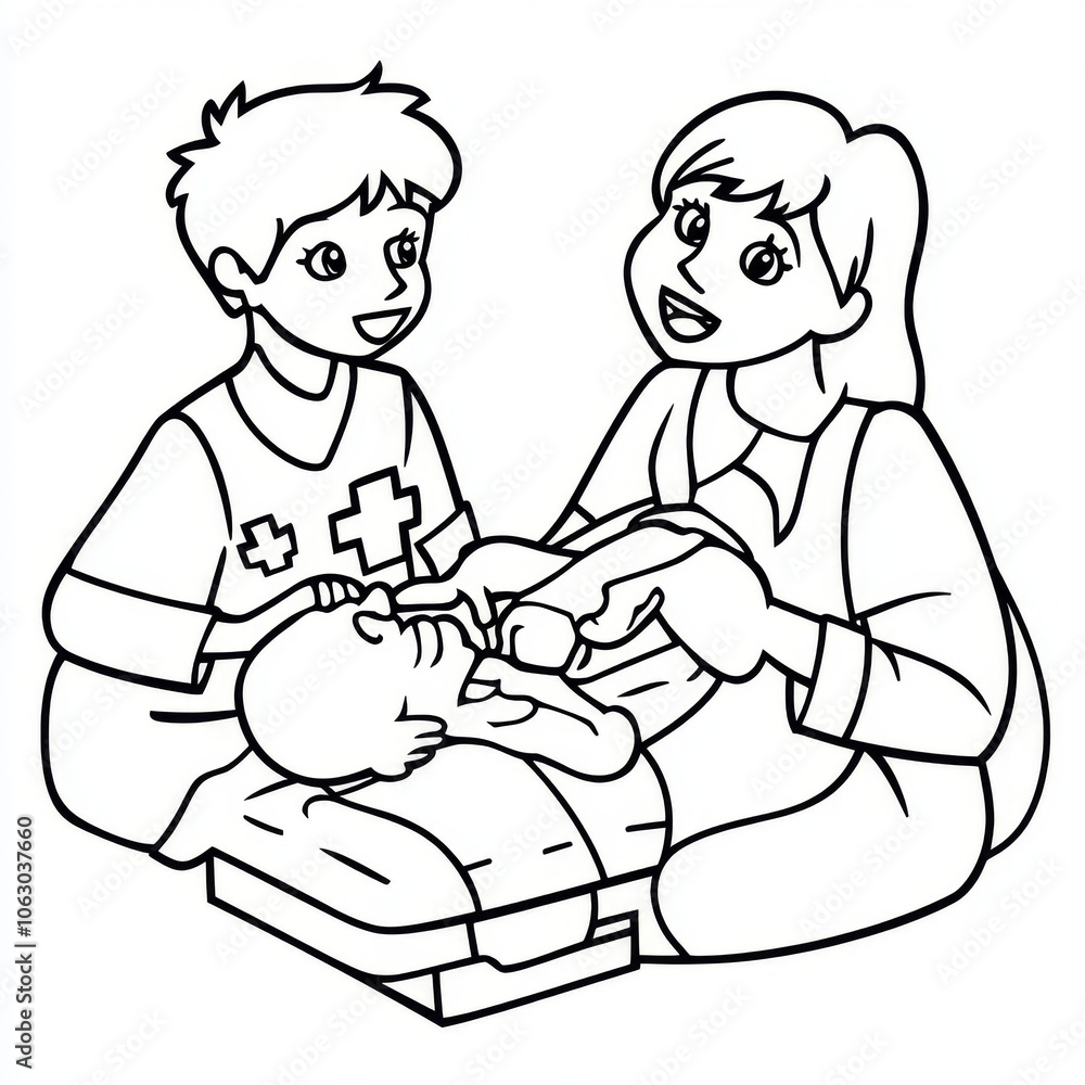 Two people giving first aid to a person laying down on a stretcher. Two people giving first aid to a person laying down on a stretcher.