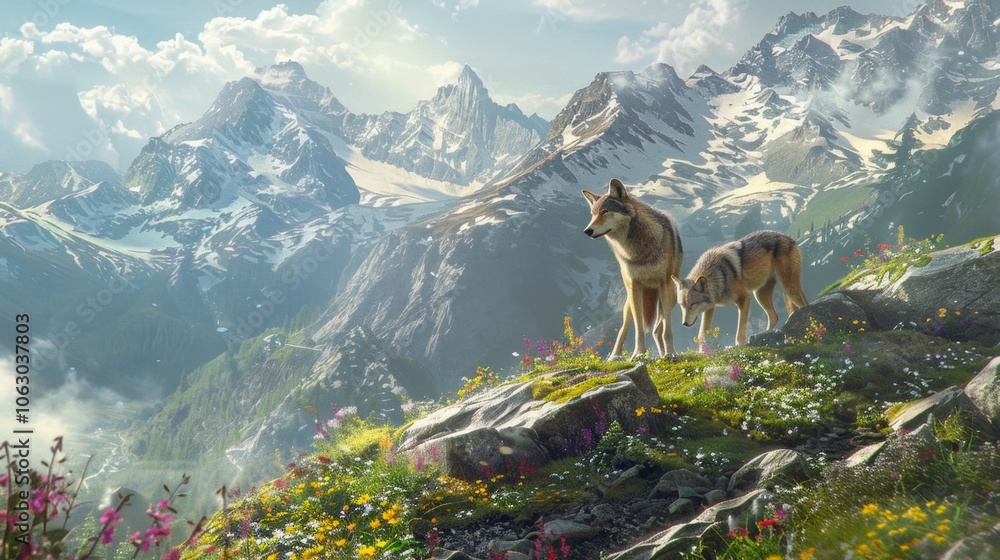 Obraz premium Two wolves stand on a mountain peak overlooking a valley with snow-capped mountains in the background.