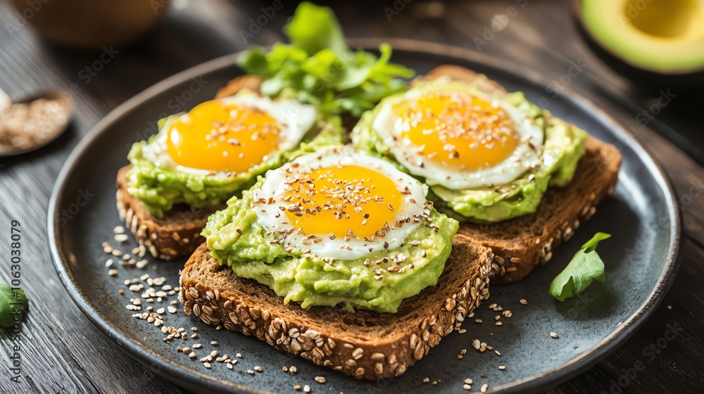 Avocado toast topped with a fried egg. Avocado toast topped with a fried egg.