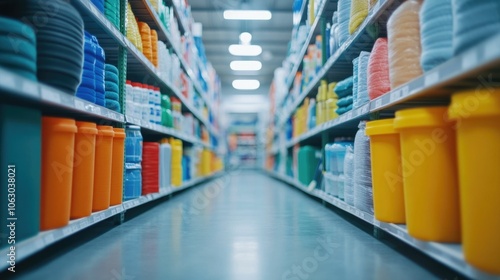 Aisle dedicated to household cleaning items such as mops brooms