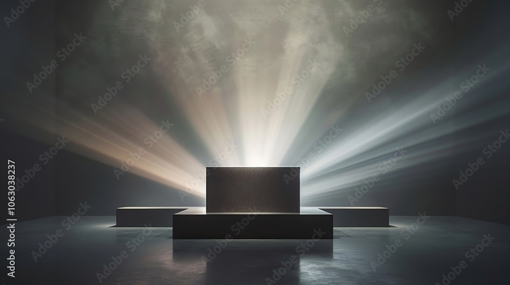 Elegant futuristic setup featuring a circular podium with spotlight beams creating a dramatic ambiance. Elegant futuristic setup featuring a circular podium with spotlight beams creating a dramatic ambiance.