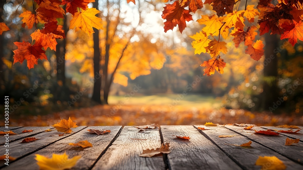 Autumn Leaves Backdrop on Rustic Wooden Table Surface Autumn Leaves Backdrop on Rustic Wooden Table Surface