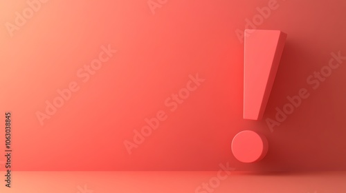 An exclamation mark in pink on a light red background.