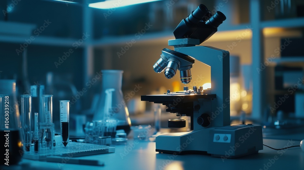 A beautifully lit microscope with intricate lab equipment A beautifully lit microscope with intricate lab equipment