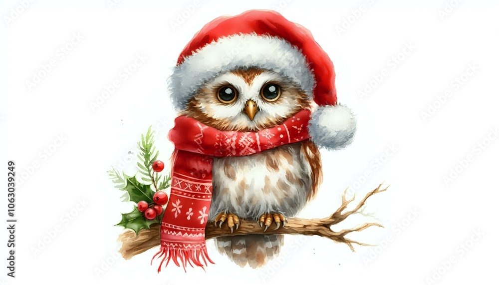 Festive Owl in Christmas Attire on a Branch Festive Owl in Christmas Attire on a Branch