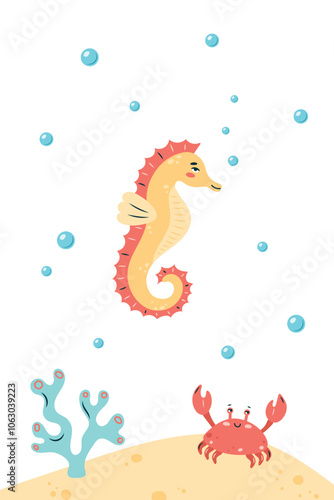 Vertical poster with seahorse on white background. Character in children's style. vector illustration.