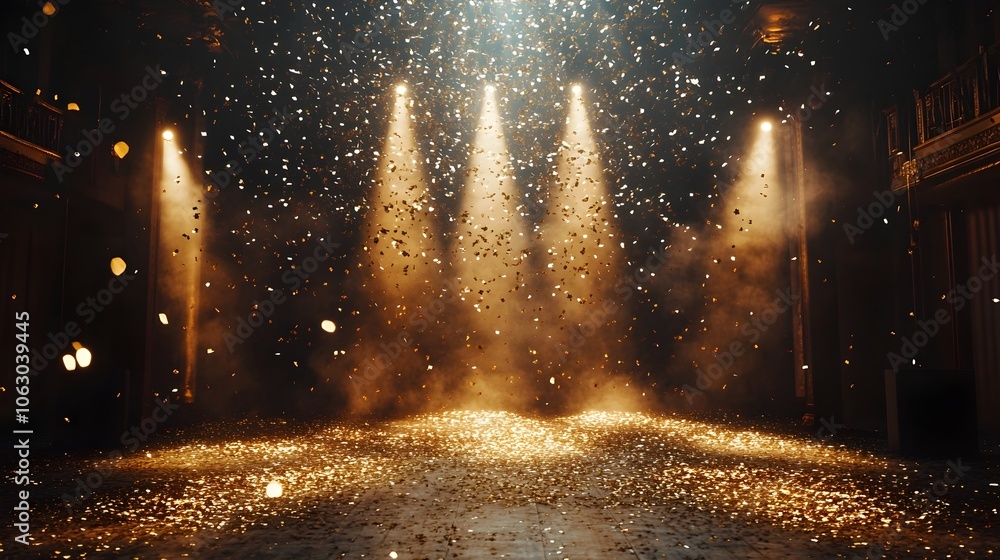 Obraz premium Glittering Confetti Raining on Festive Stage with Spotlights for Award Ceremony or New Year s Party