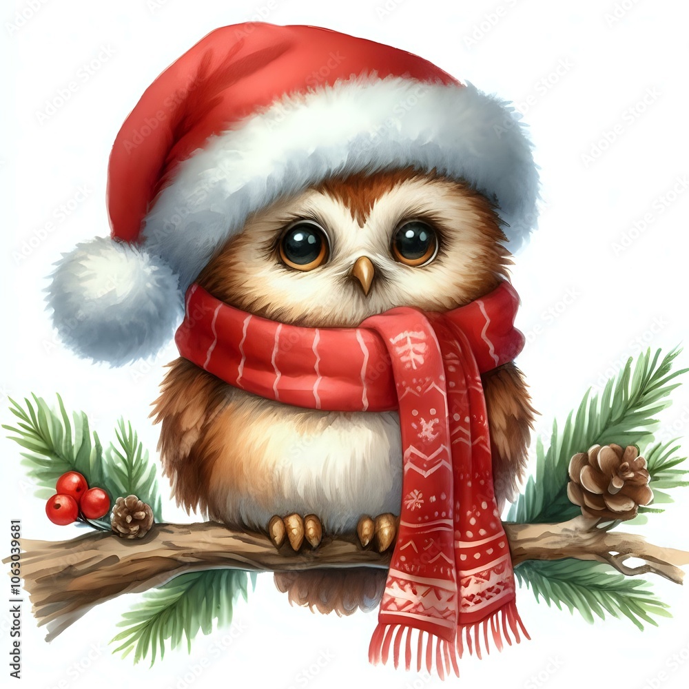 Festive Owl in Christmas Attire on a Branch Festive Owl in Christmas Attire on a Branch