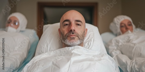 Patient in hospital bed surrounded by caregivers wearing protective gear.