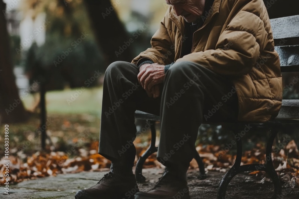 An elderly man in a brown coat and dark pants sits pensively on a park bench surrounded by fallen leaves, suggesting solitude and contemplation in an autumn setting. An elderly man in a brown coat and dark pants sits pensively on a park bench surrounded by fallen leaves, suggesting solitude and contemplation in an autumn setting.