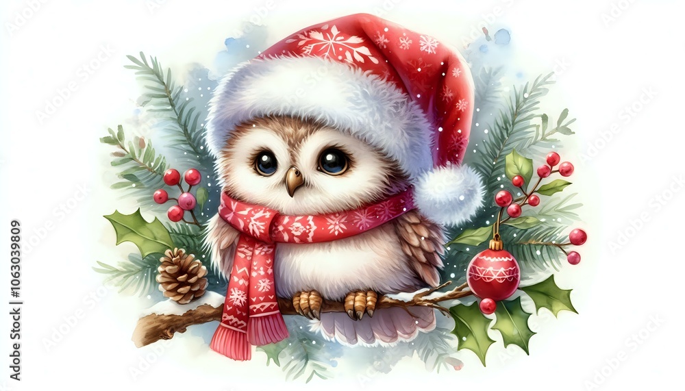 Festive Owl in Christmas Attire on a Branch Festive Owl in Christmas Attire on a Branch