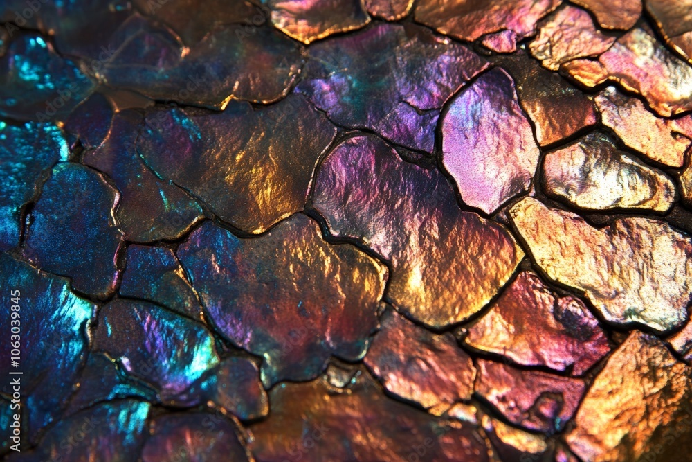 Close-up of an iridescent, cracked surface creating a vibrant and colorful abstract pattern, resembling stained glass with its array of luminous, shining hues. Close-up of an iridescent, cracked surface creating a vibrant and colorful abstract pattern, resembling stained glass with its array of luminous, shining hues.