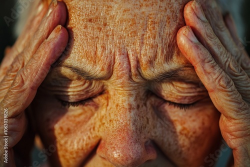 A heavily freckled elderly woman pressing her temples with her hands, eyes closed, expressing an intense emotion or focus, with prominent facial features.