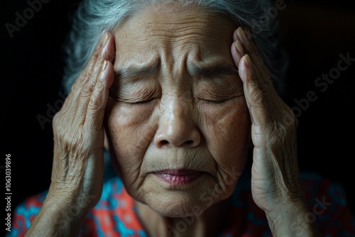 Elderly woman with eyes shut and hands placed on her temples, indicating introspective thought or meditation, capturing wisdom and quiet strength in her features.