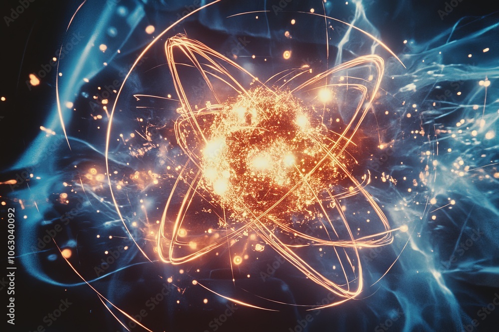 A visually stunning atom depicted with fiery orange nucleus and orbiting electron trails glowing in blue, representing atomic science, energy, and creativity in art. A visually stunning atom depicted with fiery orange nucleus and orbiting electron trails glowing in blue, representing atomic science, energy, and creativity in art.