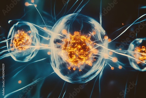 Illustration of luminous biological cells connected by light strands, alluding to cellular biology, connectivity, and the inherent complexity of life forms. photo