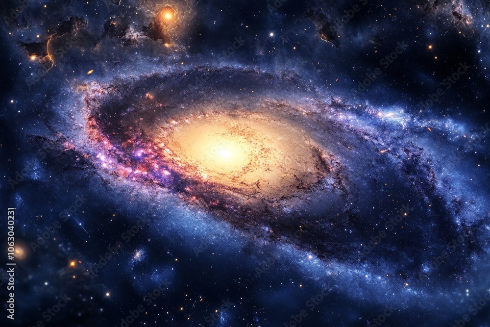 Fototapeta premium A mesmerizing view of a spiral galaxy surrounded by a vibrant mix of cosmic colors and stars, creating a stunning celestial scene full of wonder and beauty.